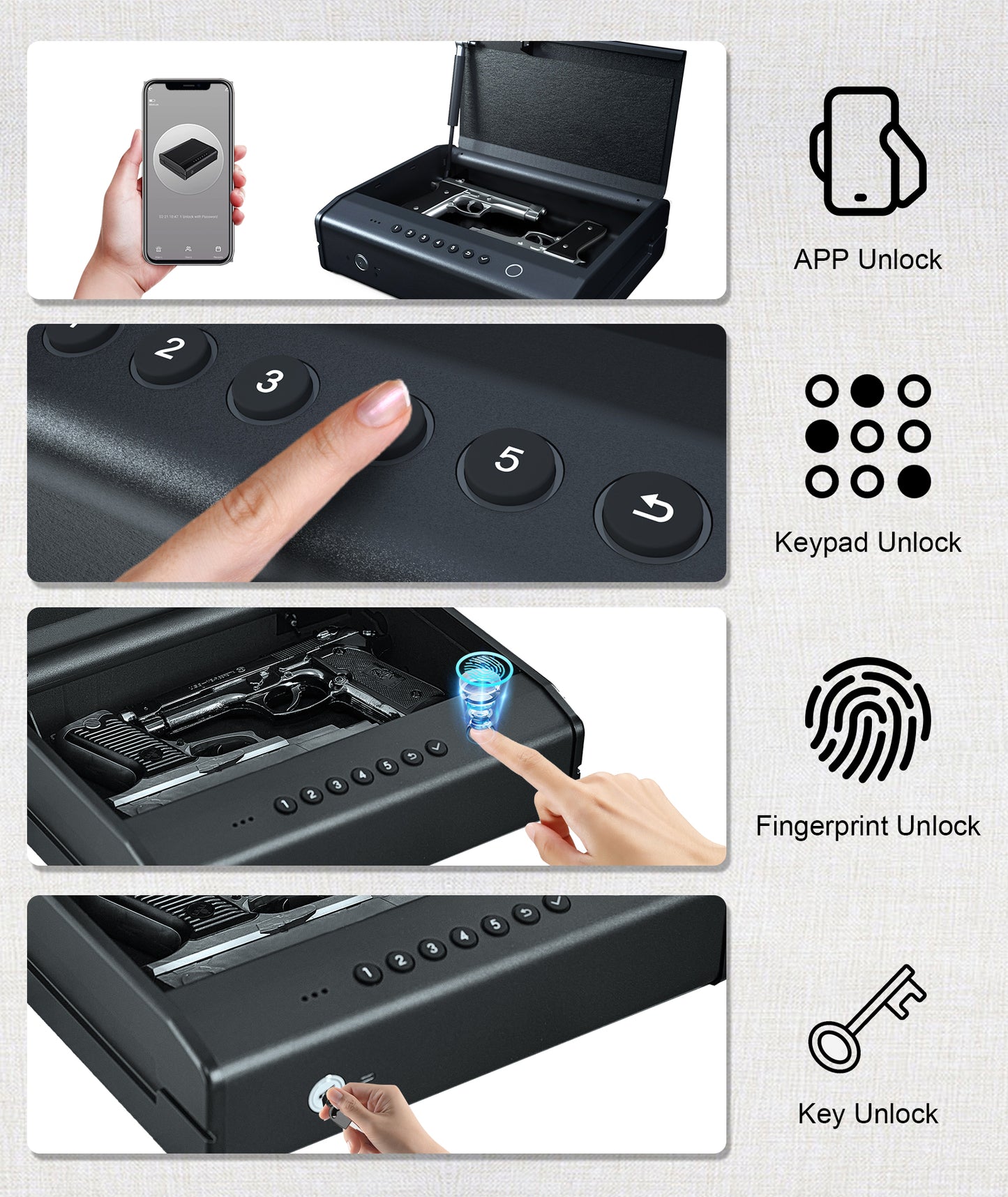PINEWORLD K5 Biometric Gun Safe for Pistols, 4-Ways Quick Access Handgun Safe with Fingerprint