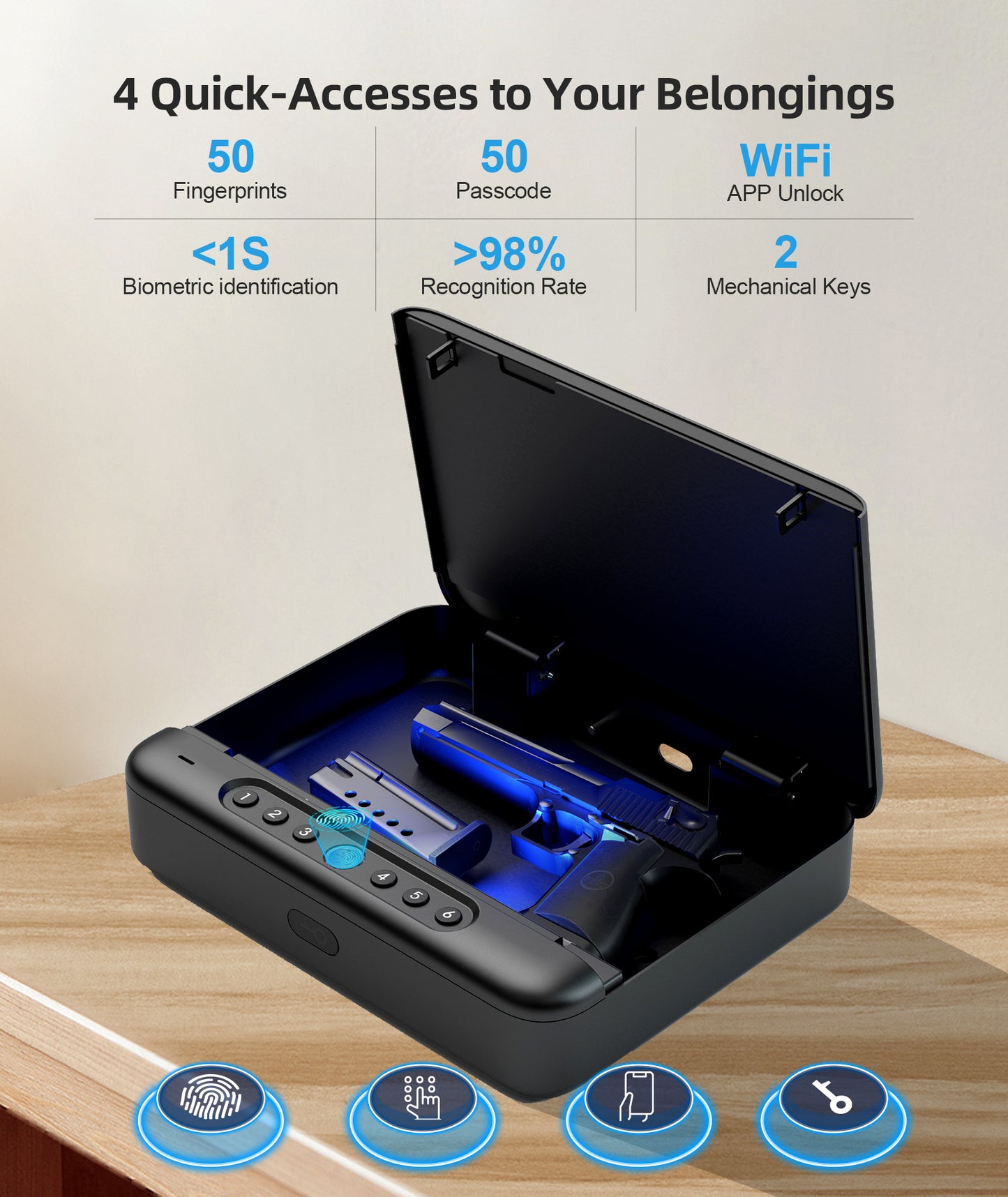 PINEWORLD K3 WiFi Biometric Gun Safe for Pistols with APP/Fingerprint/Keys/Passcode, 4 Ways Quick Access Pistols Safe Gun Lock Box for Firearm