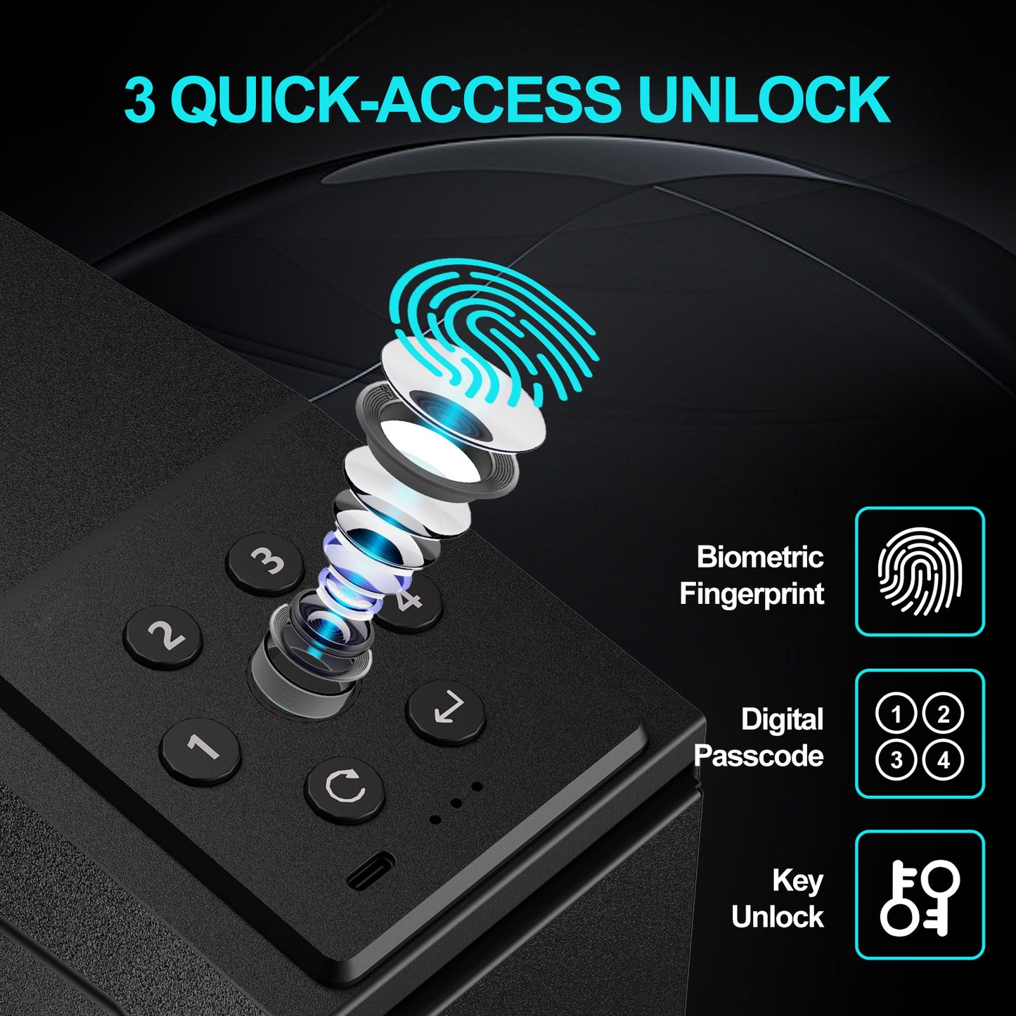 Biometric Slider Bedside Handgun Safe for Nightstand-with 3 Quick Access Fingerprint, PIN Code, KEY