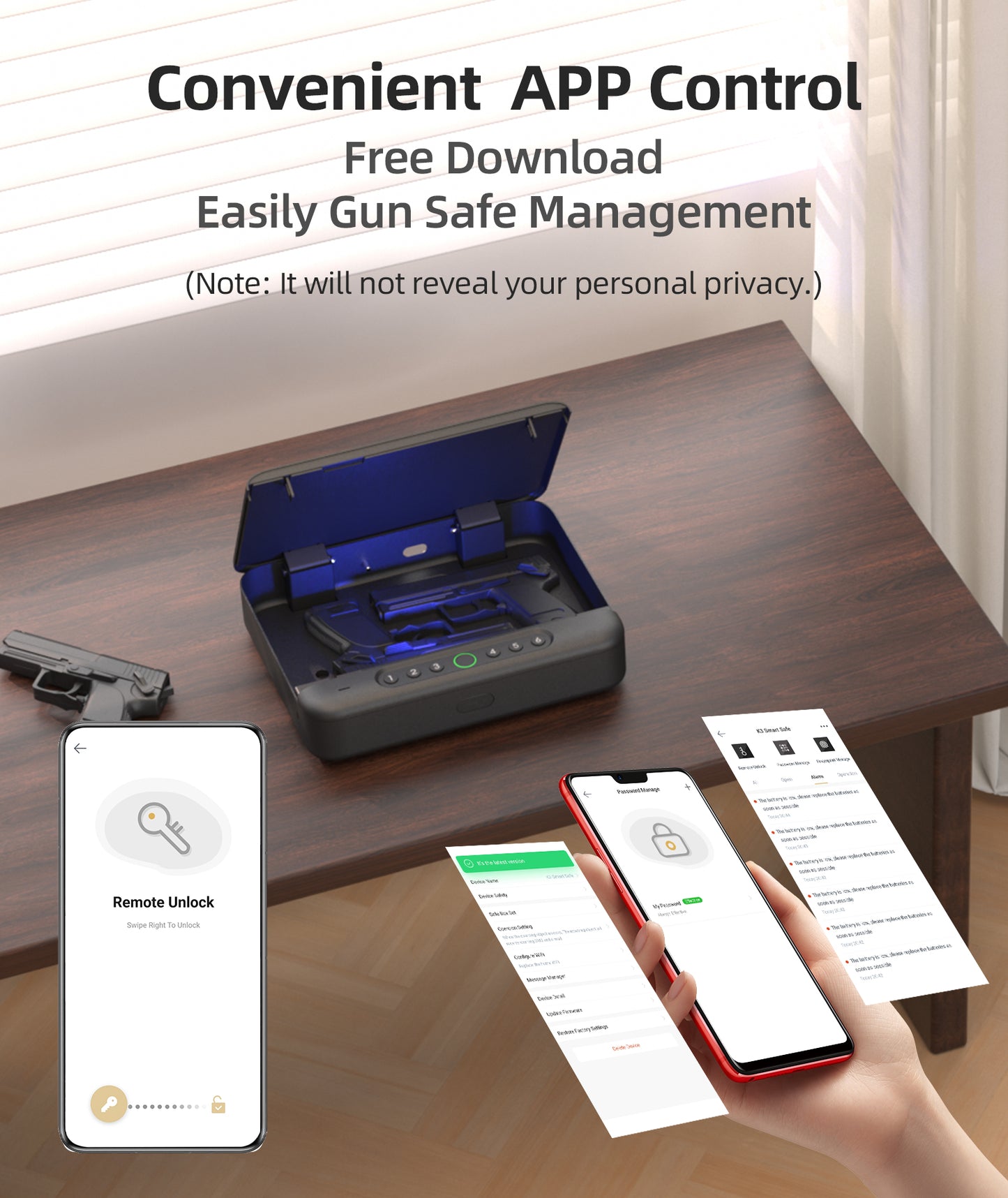 PINEWORLD K3 WiFi Biometric Gun Safe for Pistols with APP/Fingerprint/Keys/Passcode, 4 Ways Quick Access Pistols Safe Gun Lock Box for Firearm