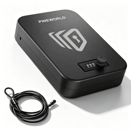 PINEWORLD Portable Pistol Safe P1 for Handgun, Compact Gun Safe with Combination Lock, Steel Lock Box for Documents, Valuables, Belongings, Security Case For Home Travel, Office, Dorm with Steel Cable