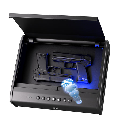 Biometric Gun Safe For Handgun, Pistol Safe with Fingerprint/Backlit Keypad/Keys, 3 Quick Access Handgun Safe fits 2-3 Pistols, Gun Case with Interior LED Cable for Nightstand Car Large Size