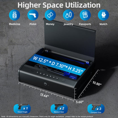 Biometric Gun Safe For Handgun, Pistol Safe with Fingerprint/Backlit Keypad/Keys, 3 Quick Access Handgun Safe fits 2-3 Pistols, Gun Case with Interior LED Cable for Nightstand Car Large Size