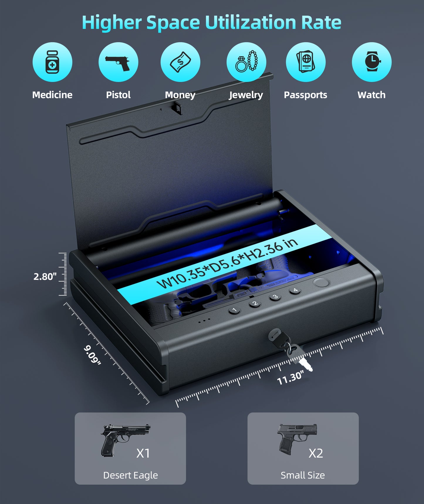 PINEWORLD Gun Safe K1, Biometric Gun Safes For Handgun, Pistols Safe With Fingerprint, 3 Ways Quick Access Gun Lock Box for Firearm, Pistol Safe Box For Home Bedside Nightstand Car Travel