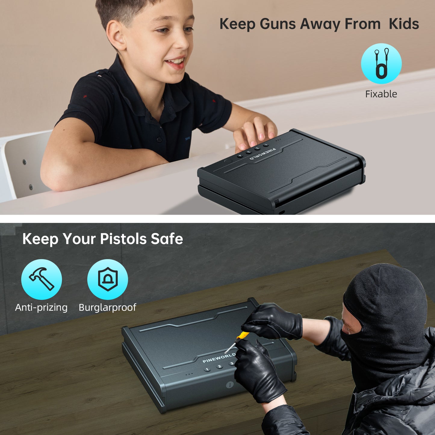 PINEWORLD Biometric Gun Safe K1 For Handgun, Pistols Safe With Fingerprint, 3 Ways Quick Access Gun Lock Box for Firearm