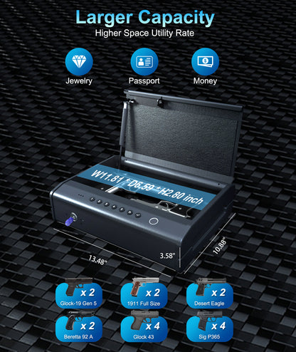 PINEWORLD K5 Biometric Gun Safe for Pistols, 4-Ways Quick Access Handgun Safe with Fingerprint