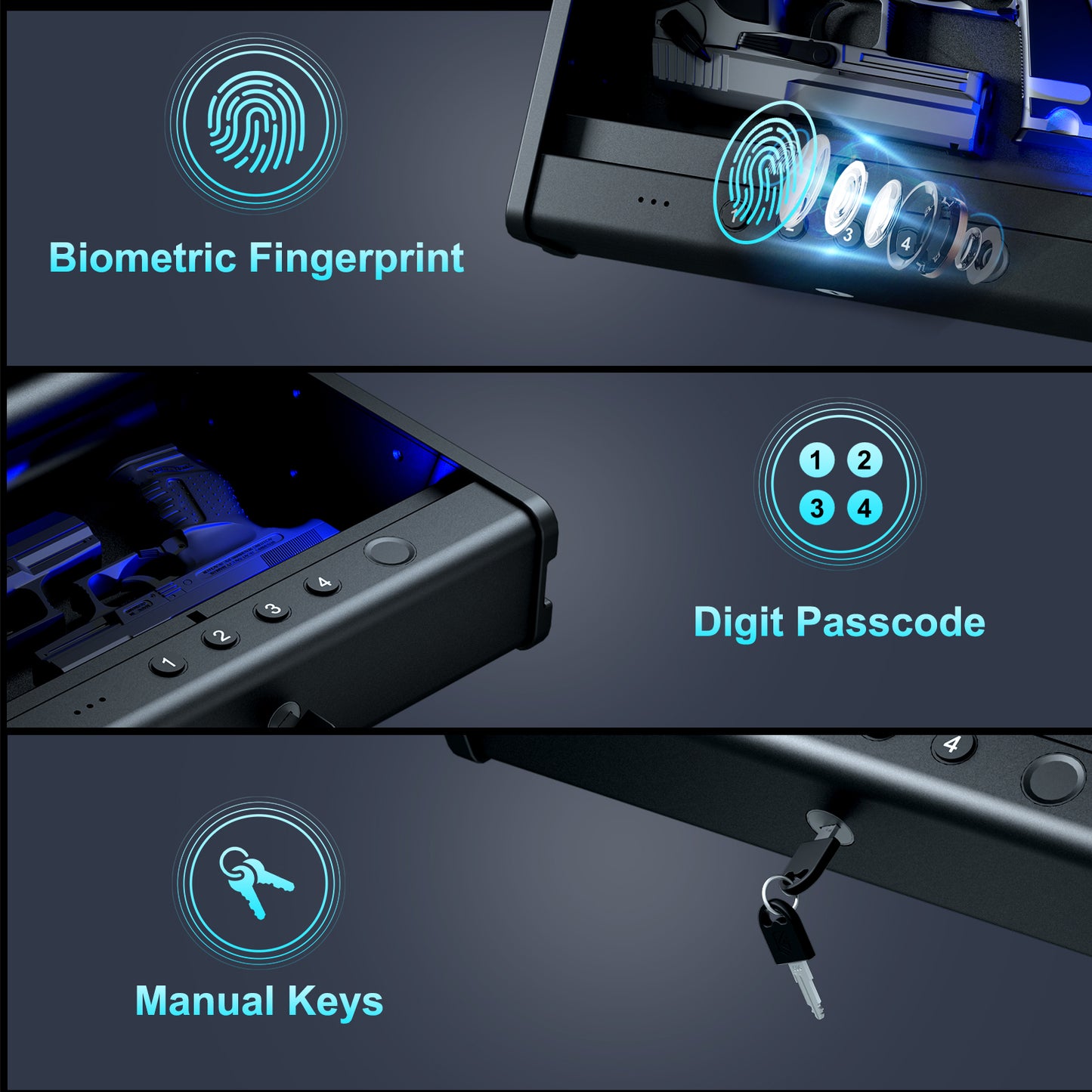 PINEWORLD Biometric Gun Safe K1 For Handgun, Pistols Safe With Fingerprint, 3 Ways Quick Access Gun Lock Box for Firearm