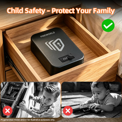 PINEWORLD Portable Pistol Safe P1 for Handgun, Compact Gun Safe with Combination Lock, Steel Lock Box for Documents, Valuables, Belongings, Security Case For Home Travel, Office, Dorm with Steel Cable